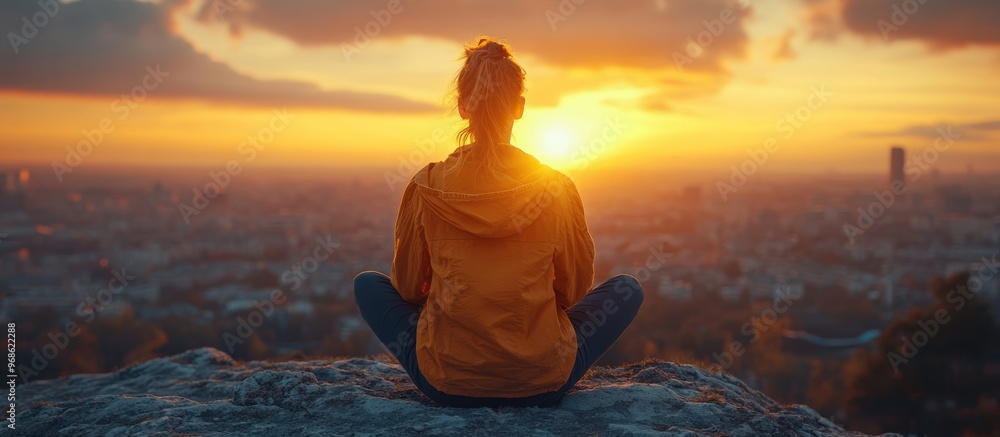 Canvas Prints woman contemplating sunset over cityscape