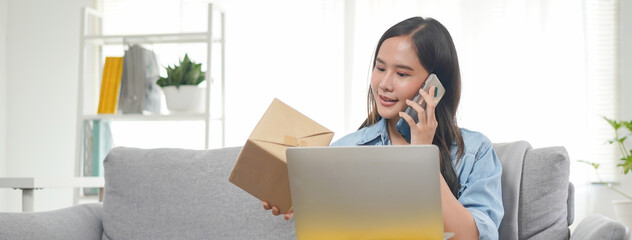 young woman buy cloth from internet but retail sent wrong product. person talking complaint with...