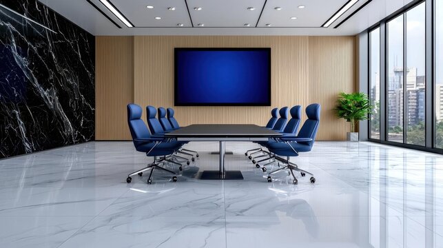 A sleek pastel-themed corporate meeting room with a large table and high-tech presentation screens