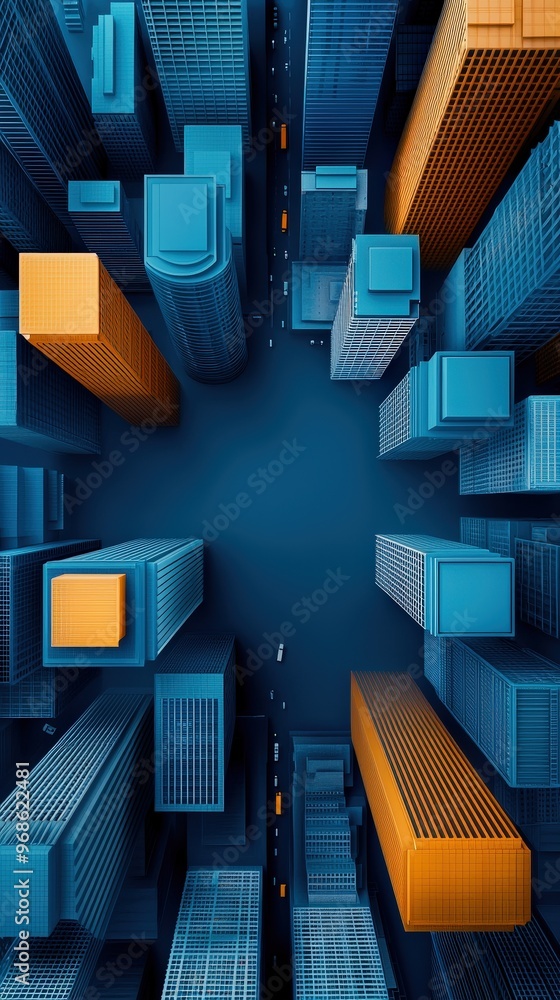 Poster aerial view of a city with seamless integration of different transport modes