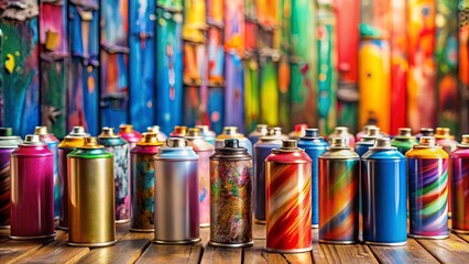 Colorful aerosols and spray paint cans arranged on a table for street art inspiration or backgrounds