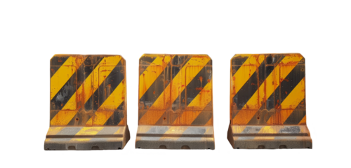 Metal barricade with yellow and black diagonal stripes on a transparent background.