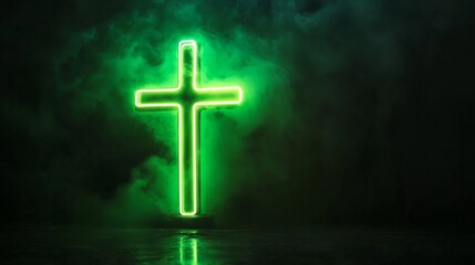 Neon green cross in misty darkness