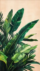 Banana leaves against beige background, tropical botanical illustration. Nature and foliage art concept