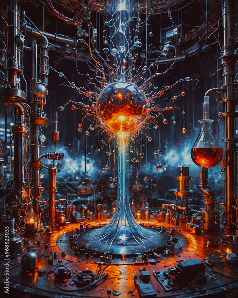 Poster 3d rendering of a futuristic science fiction background. the mechanism of the atom.
