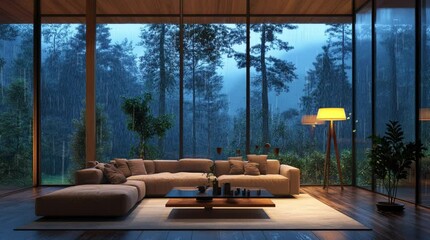 Comfortable sofa in a cozy room by a large window, overlooking the rain-soaked night outside, creating a serene and peaceful atmosph Seamless looping 4k time-lapse virtual video animation Generated AI