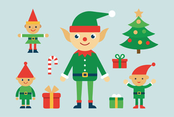 Festive Christmas elves and Holiday Icons Vector Illustration Set