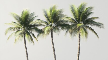Obraz premium Three 3D rendered coconut palms isolated on a clean background, with vibrant green fronds and detailed textures.