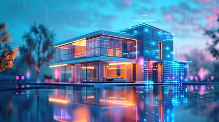 Modern glass house with blue lighting reflected in water at twilight