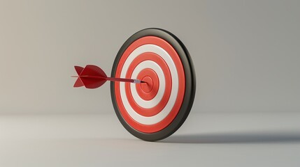 Red dart hitting bullseye on target board against light background