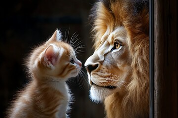 Obraz premium A small, adorable kitten gazing into a mirror and seeing a photorealistic, highly detailed reflection of an elegant lion, cinematic lighting, high resolution with ultra-clear textures, capturing the