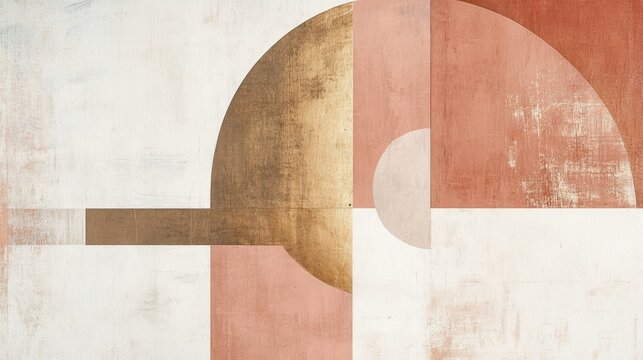 Modern abstract artwork with warm, muted terracotta tones, blush pinks, ivory, and gold elements, arranged in geometric shapes to create a calm, minimalist aesthetic.