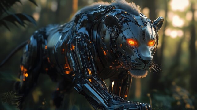 A robot tiger with glowing eyes and a metallic body