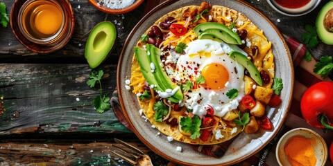Breakfast inspired by a Latin flair, showcasing poached eggs on a crunchy tortilla accompanied by velvety avocado, sour cream, fried beans, potatoes, and assorted vegetables for a delightful morning