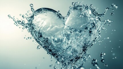 Crystal clear water splash in the shape of a heart, suspended in mid-air against a bright clean background.