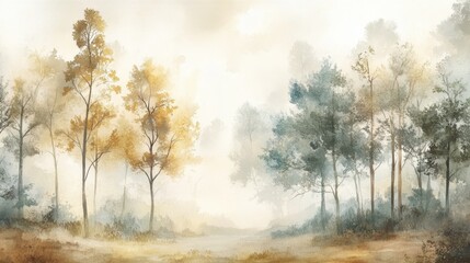 Watercolor landscape with softly painted trees, showcasing nature's tranquility in earthy tones.