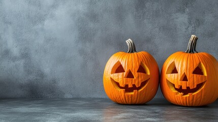 Two Carved Pumpkins on Grey Background with Copy Space