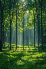 Obraz premium Serene Forest with Sun Rays and Mist