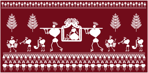 Warli painting, marriage ceremony, Wedding people going to husband's house, playing musical instrument, man passing by, Warli in the sky, village wall art, Maharashtra, Gujarat, Goa