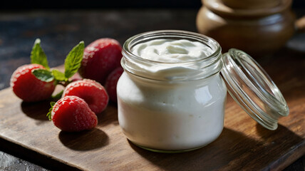 Greek yogurt in a glass jar on table top view