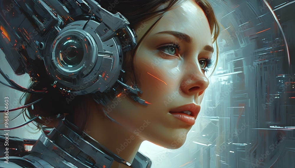 Poster futuristic portrait of a woman infused with advanced technology and a high-tech aesthetic