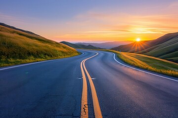 Fototapeta premium Serene winding road through lush green hills at sunrise, inviting travelers to explore the natural beauty of the landscape.