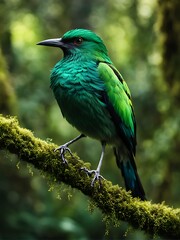 Fototapeta premium Vibrant Green Bird Perched on Moss-Covered Branch