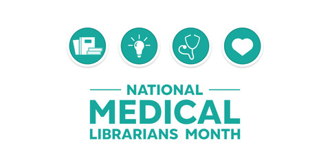 National Medical Librarians Month. Books, lamp, stethoscope and heart. Great for cards, banners, posters, social media and more. White background.