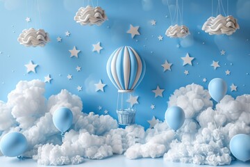 A blue and white room with a hot air balloon in the middle