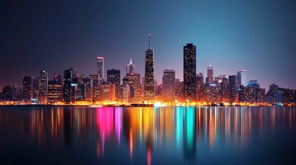 Fototapeta premium Vibrant City Skyline Illuminated in Autism Awareness Colors, Signifying Unity and Inclusion