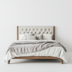 A modern bed with a tufted headboard and cozy bedding in a minimalist setting.