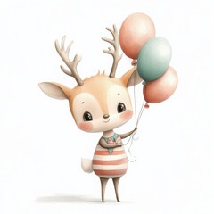Fototapeta premium Baby Deer wearing a party costume with stripes and holding balloons. 