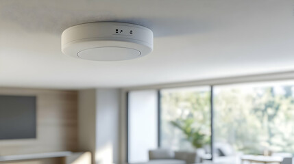 Close-Up of a Smoke Alarm Mounted on a Ceiling in a Modern Living Room