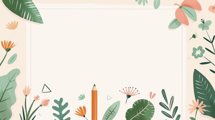 Playful Green Pastel Cartoon Frame Border with Pencil, Pen, and Shamrock Plant Icons on Writing Paper Background - Vector Illustration