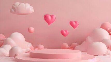 Stage day studio backdrop pink 3D product love display platform red heart stand. Pink backdrop podium with minimal scene, abstract scene, room, and gift light sales romantic day in pastel colors