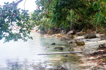 A secluded cozy place by the sea, swing, a sunbed and a hammock under the trees overlooking the beautiful beaches and the sea, sea holidays, leisure area