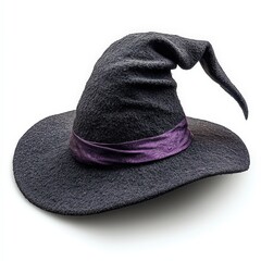 Witch's Hat with Purple Band - A black witch's hat with a purple band and a slightly bent tip, isolated on a white background with no shadow –-ar 16:9
