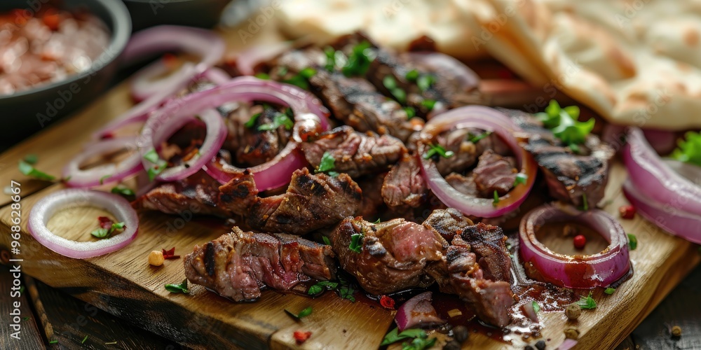 Poster close up of fried beef meat with red onion rings sauce and pita bread on a wooden board with a shall