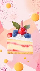 A colorful slice of cake topped with berries and cream, set against a vibrant background.