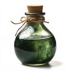 Witch's Potion Bottle with Green Liquid - A small glass bottle filled with green potion, with a cork stopper and a glowing aura, isolated on a white background with no shadow –-ar 16:9