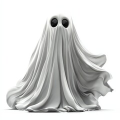 Spooky Ghost in a Sheet - A spooky cartoon ghost draped in a white sheet, with dark eyes and a mischievous grin, isolated on a white background with no shadow –-ar 16:9