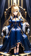 Anime Queen in Blue and Gold Royal Attire on a Throne