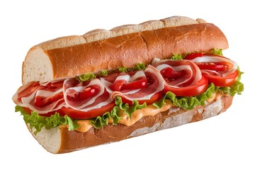 A white background image of a bagheta sandwich with jamon, sliced tomatoes, and lettuce
