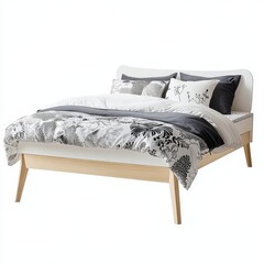 A modern bed with decorative bedding and pillows, designed for a stylish bedroom.