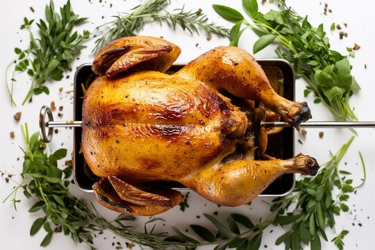 detailed photograph of a whole roasted chicken on a rotisserie