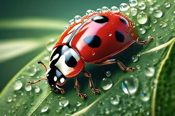 Ladybug on a Green Leaf Covered in Dew Drops