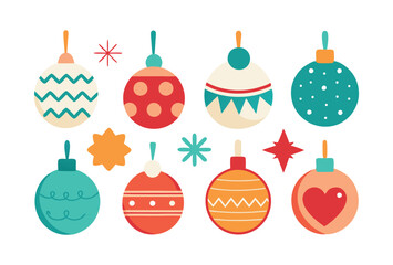 Colorful Christmas Ornaments modern Flat Vector Illustration Set