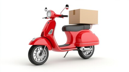 Red scooter with a box isolated on white background. Motorcycle delivery.