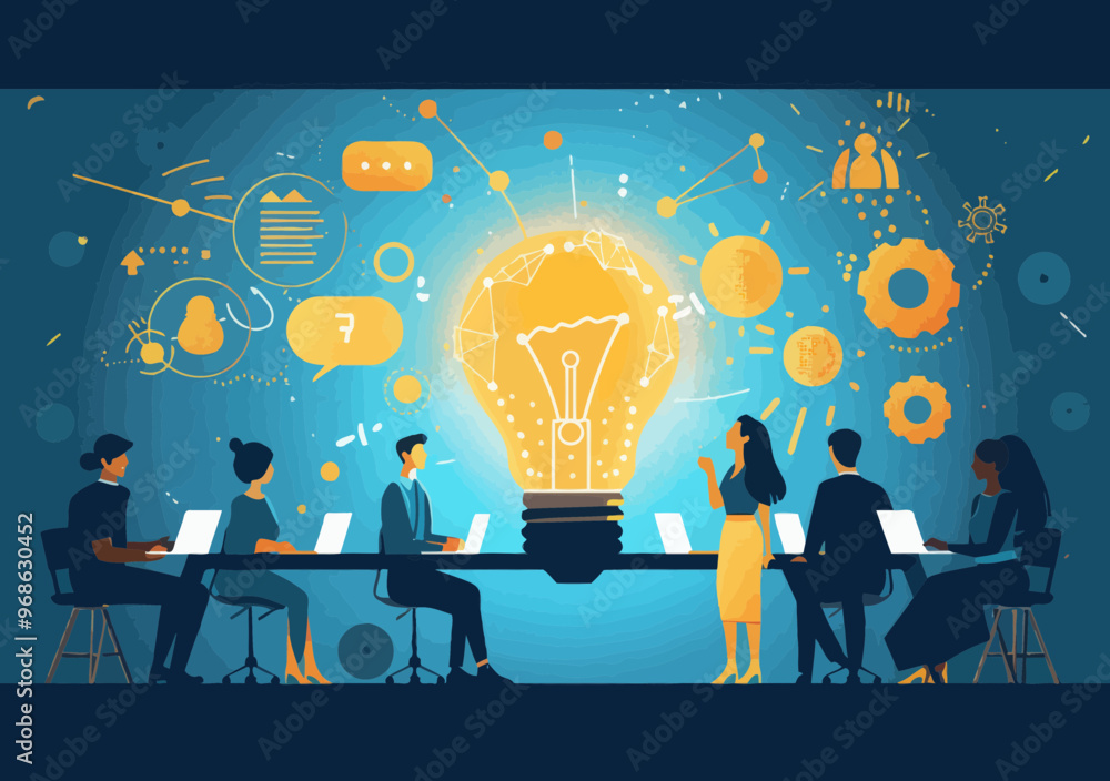 Poster creative team brainstorming session around table with light bulb symbolizing new ideas and problem-s