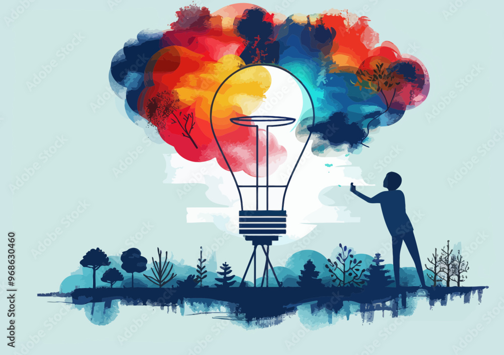 Poster abstract illustration of person reaching towards colorful light bulb symbolizing innovation creativi